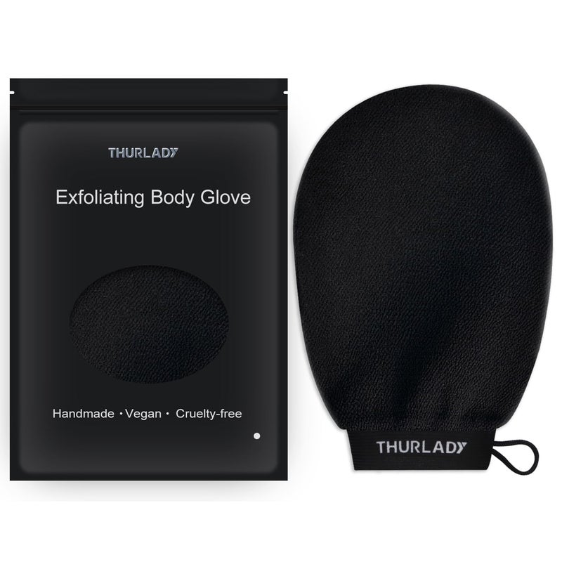 THURLADY Exfoliating Glove, Korean Exfoliating Mitt, Viscose Fiber Shower Mitt, Dead Skin Remover for Smooth Skin, Self-Tan Prep and Removal, Black - Image 1